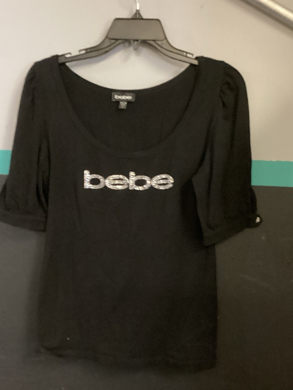 bebe Black Short Sleeve Scoop Neck Logo Tee with Rhinestones
